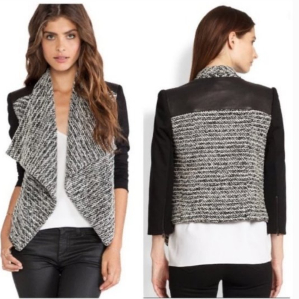 Alice + Olivia Burma Leather Trim Drape Front Jacket Sz 8 Black and White